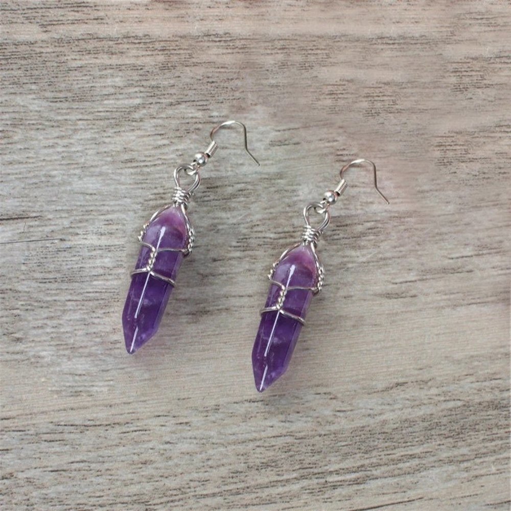 Natural Amethyst Hexagon Crystal Dangle Earrings